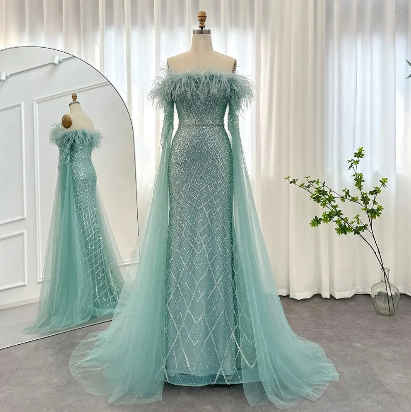 Luxury Turquoise Dubai Evening Feather Dress with Cape Sleeves