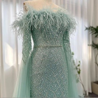 Luxury Turquoise Dubai Evening Feather Dress with Cape Sleeves