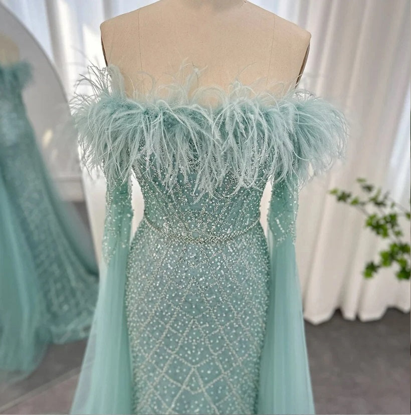 Luxury Turquoise Dubai Evening Feather Dress with Cape Sleeves