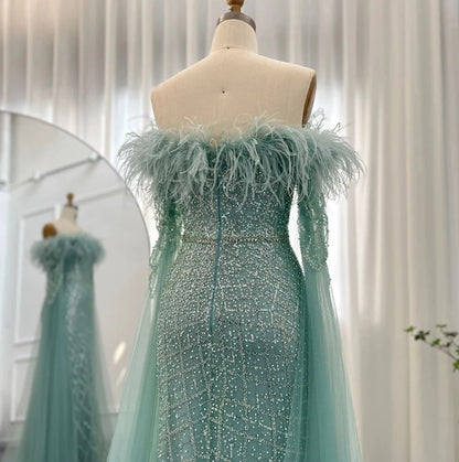 Luxury Turquoise Dubai Evening Feather Dress with Cape Sleeves