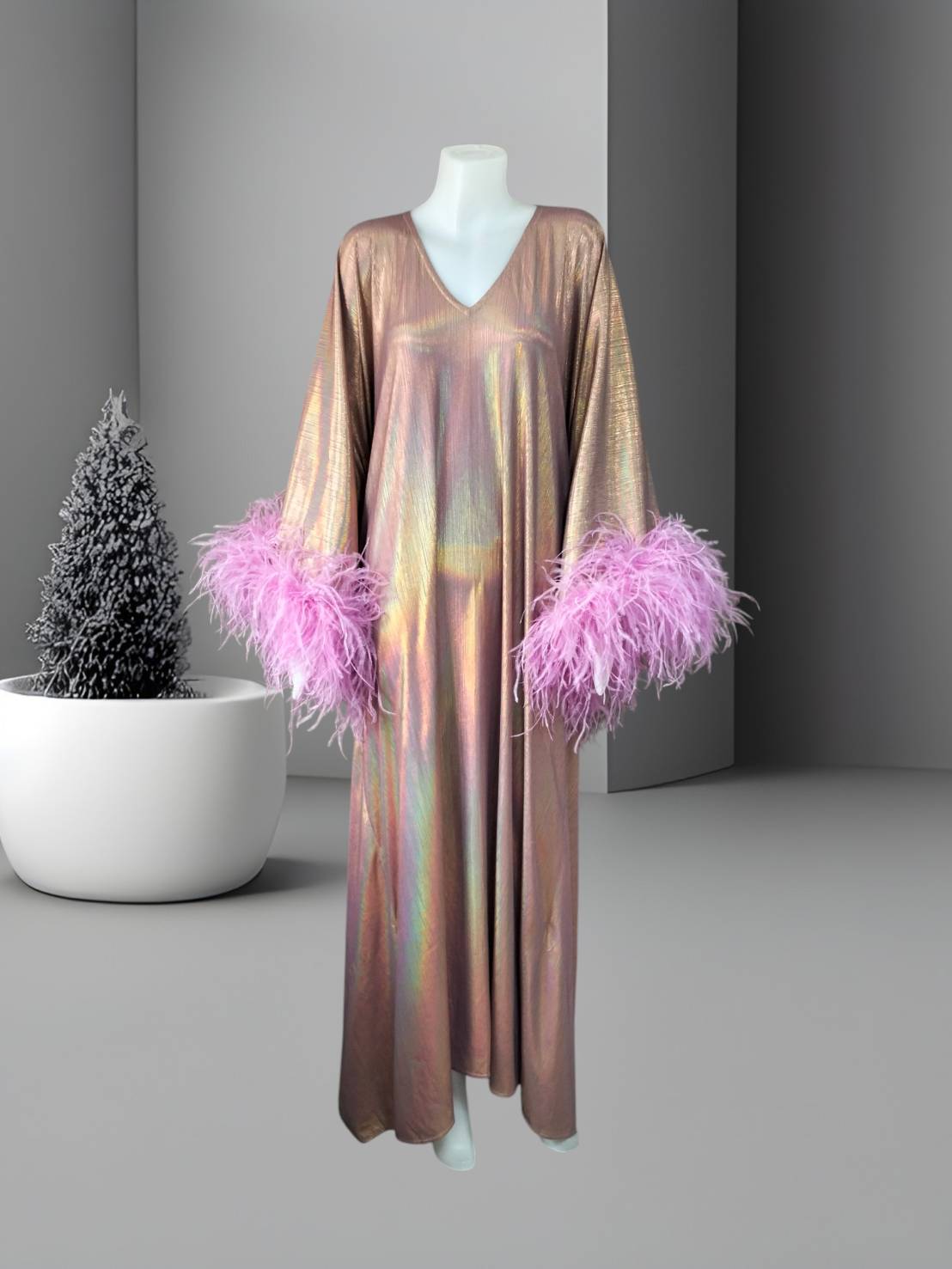 CERVIA Electric Violet Sparkle Kaftan Dress, Feather Trim, Party Cover-Up