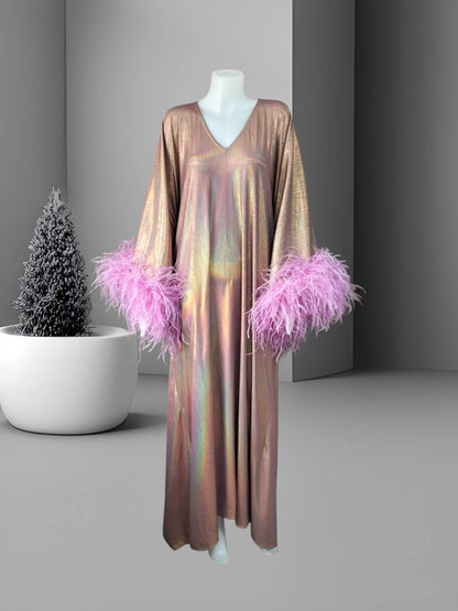 CERVIA Electric Violet Sparkle Kaftan Dress, Feather Trim, Party Cover-Up