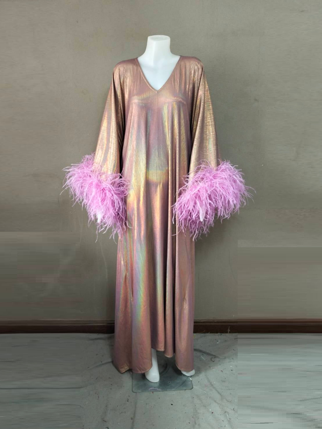 CERVIA Electric Violet Sparkle Kaftan Dress, Feather Trim, Party Cover-Up