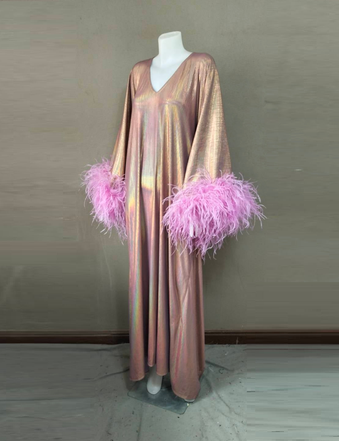 CERVIA Electric Violet Sparkle Kaftan Dress, Feather Trim, Party Cover-Up