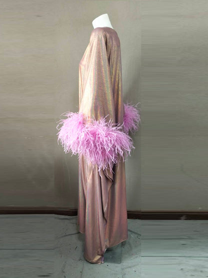 CERVIA Electric Violet Sparkle Kaftan Dress, Feather Trim, Party Cover-Up