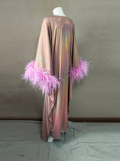 CERVIA Electric Violet Sparkle Kaftan Dress, Feather Trim, Party Cover-Up
