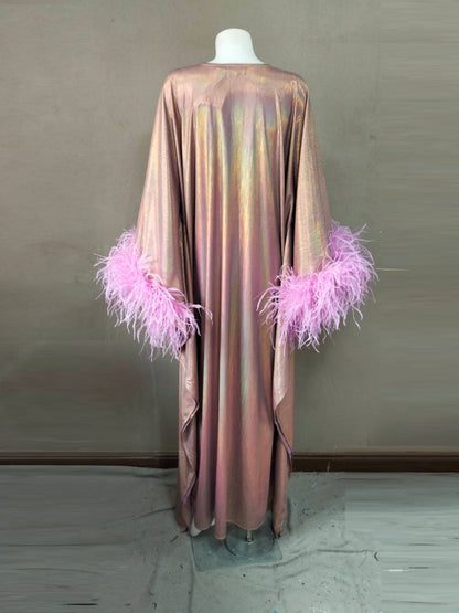 CERVIA Electric Violet Sparkle Kaftan Dress, Feather Trim, Party Cover-Up