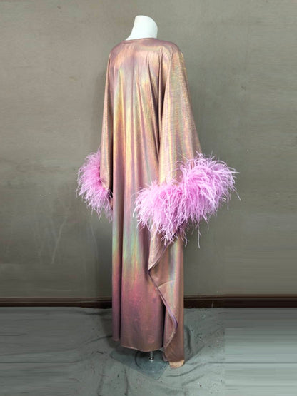 CERVIA Electric Violet Sparkle Kaftan Dress, Feather Trim, Party Cover-Up