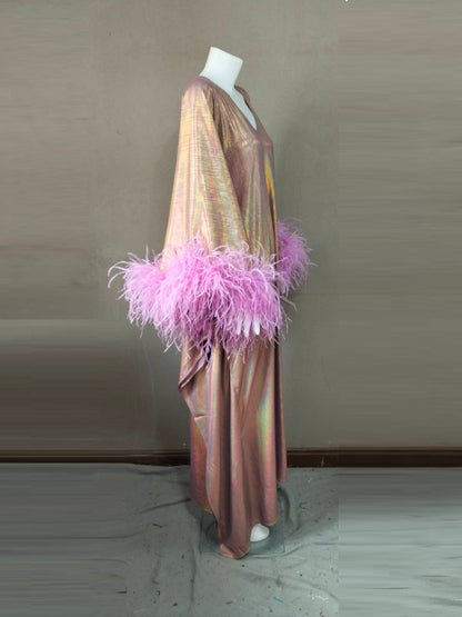 CERVIA Electric Violet Sparkle Kaftan Dress, Feather Trim, Party Cover-Up