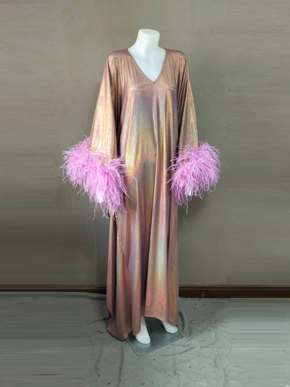 CERVIA Electric Violet Sparkle Kaftan Dress, Feather Trim, Party Cover-Up