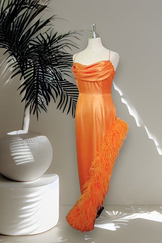 MARAYA Asymmetric feather sparkler-fabric gown.