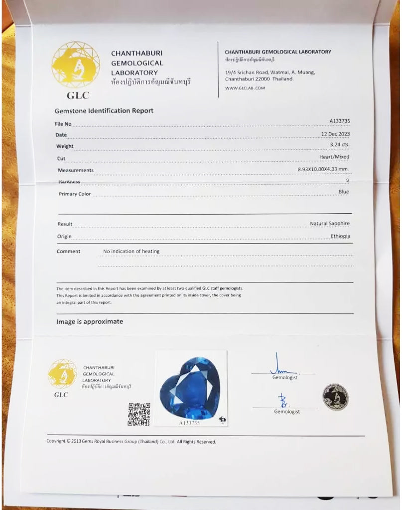 Blue Sapphire 3.24 Cts. (Unheated) Heart Shape with Certificate GLC Report