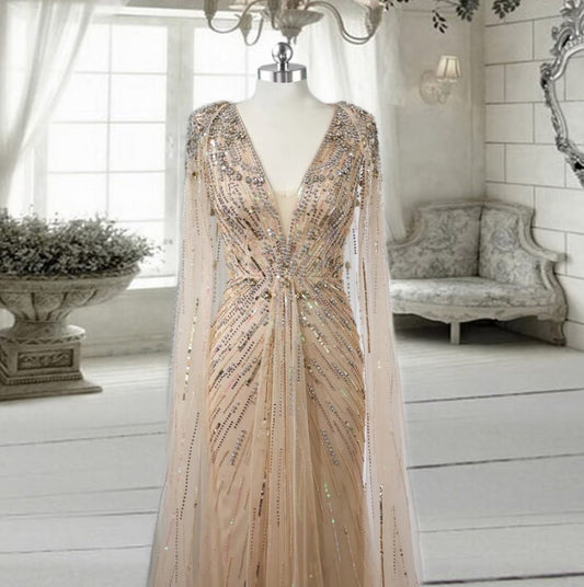 Gold Elegant Crystal Dubai Evening Dress with Cape