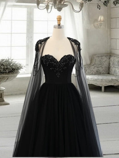 Gothic Black Tulle Arabic Evening Dress with Cape Sleeves Elegant Women Luxury Dubai Formal Party Gowns
