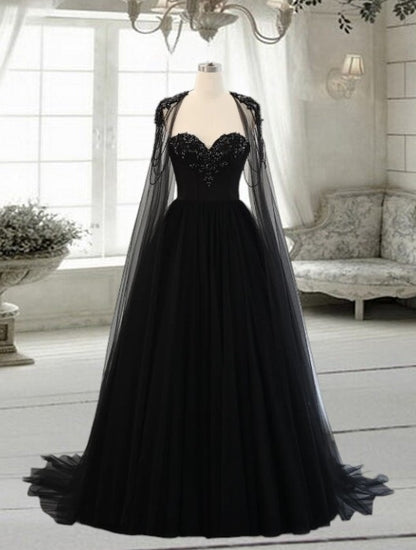 Gothic Black Tulle Arabic Evening Dress with Cape Sleeves Elegant Women Luxury Dubai Formal Party Gowns