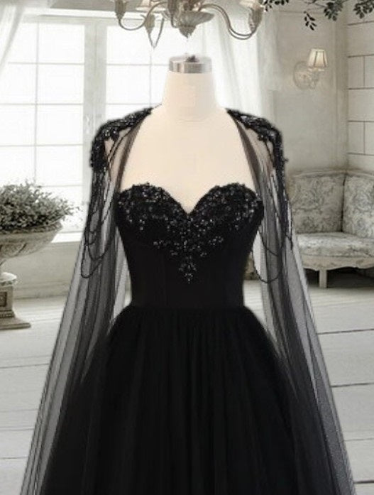 Gothic Black Tulle Arabic Evening Dress with Cape Sleeves Elegant Women Luxury Dubai Formal Party Gowns