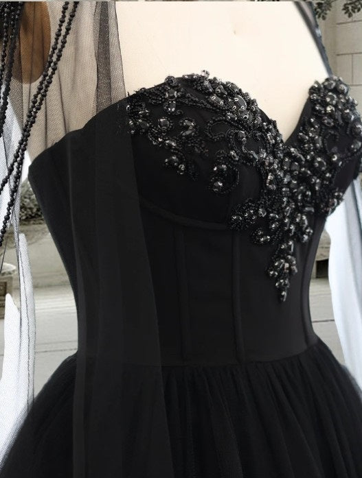 Gothic Black Tulle Arabic Evening Dress with Cape Sleeves Elegant Women Luxury Dubai Formal Party Gowns