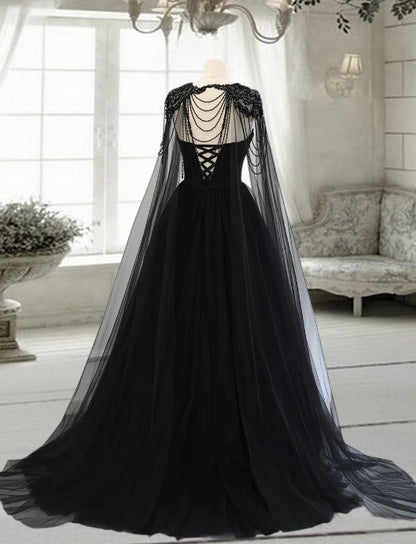 Gothic Black Tulle Arabic Evening Dress with Cape Sleeves Elegant Women Luxury Dubai Formal Party Gowns