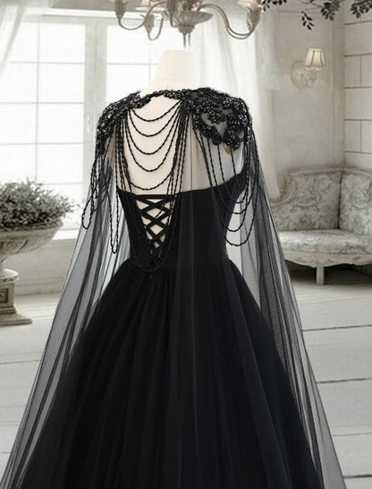Gothic Black Tulle Arabic Evening Dress with Cape Sleeves Elegant Women Luxury Dubai Formal Party Gowns