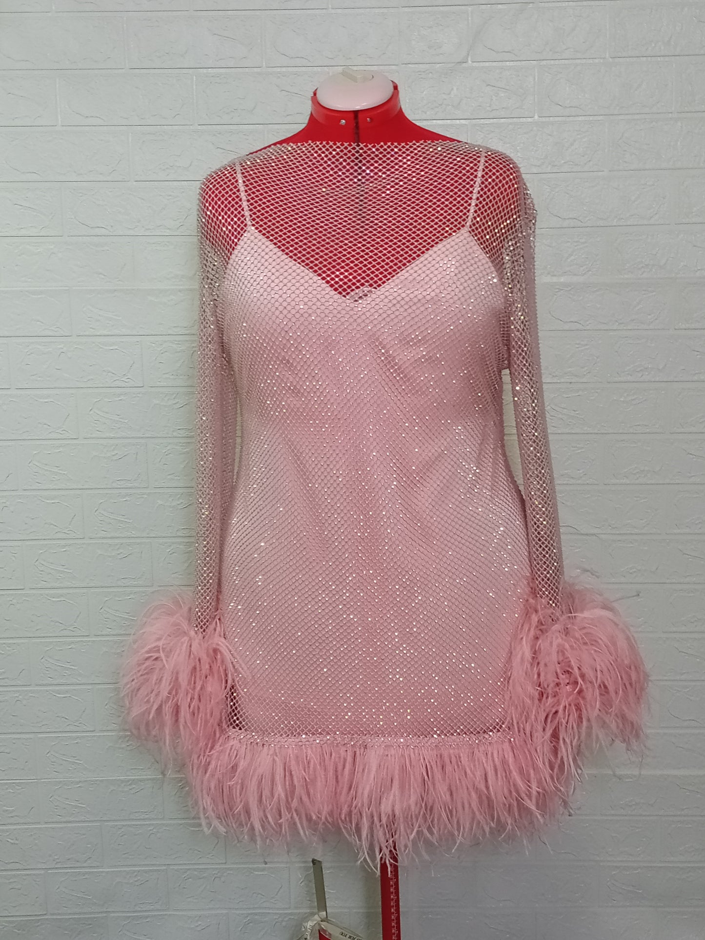 MARAYA Plus Size Pink Rhinestone Mesh Long Sleeve Bottom Mini Feather Dress
