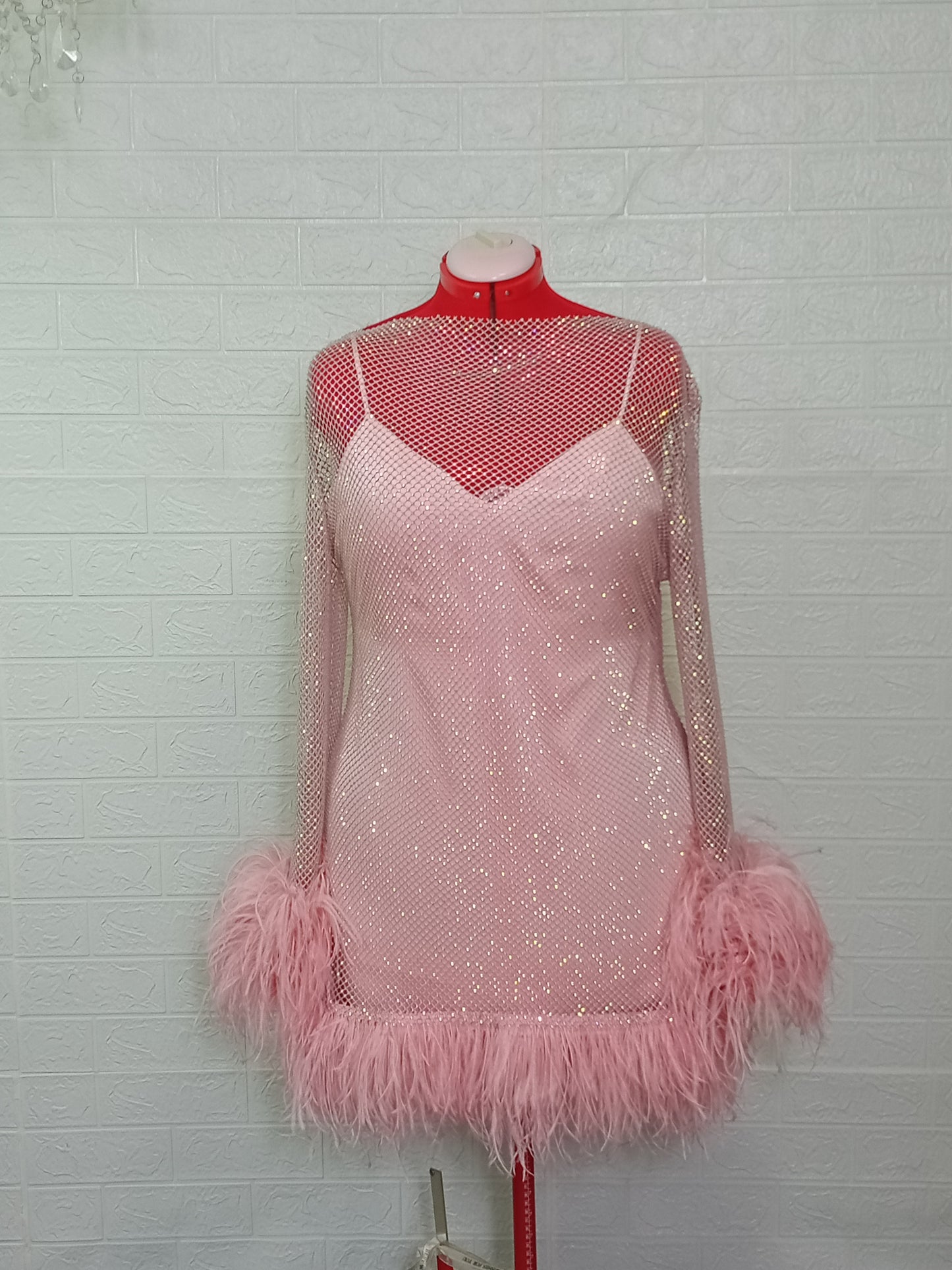 MARAYA Plus Size Pink Rhinestone Mesh Long Sleeve Bottom Mini Feather Dress