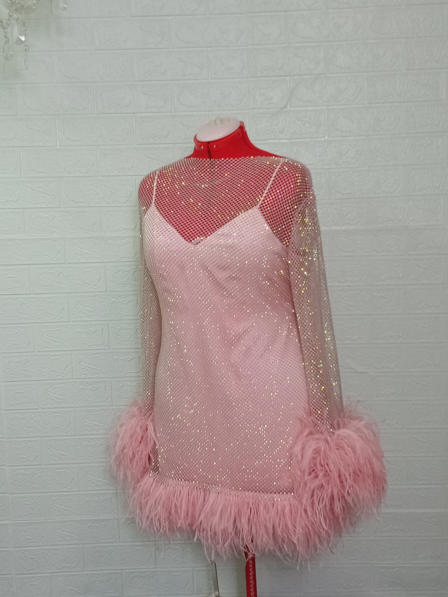 MARAYA Plus Size Pink Rhinestone Mesh Long Sleeve Bottom Mini Feather Dress