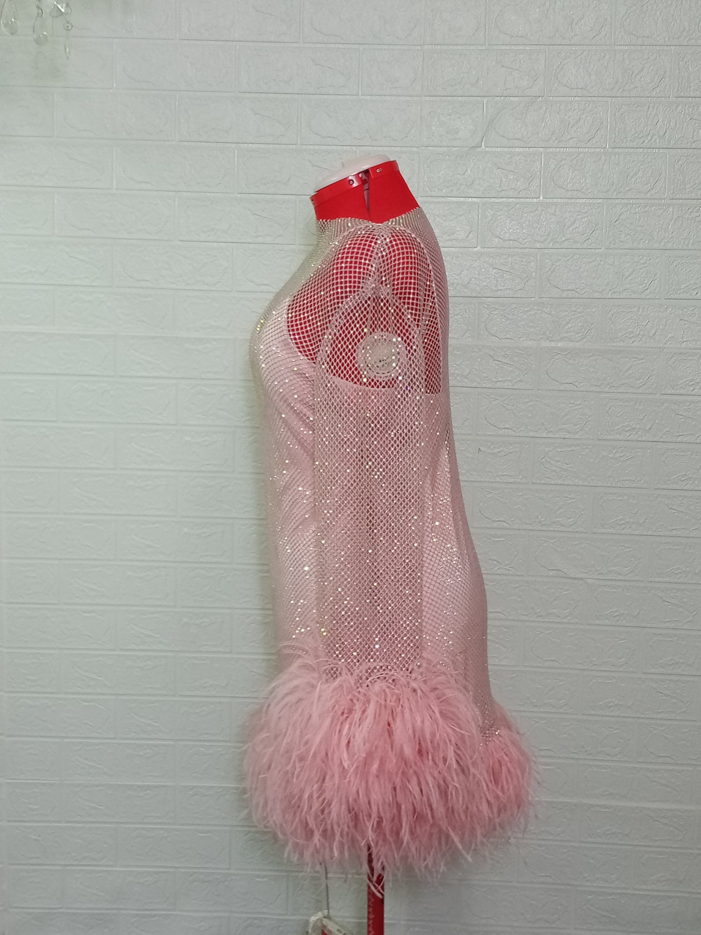 MARAYA Plus Size Pink Rhinestone Mesh Long Sleeve Bottom Mini Feather Dress