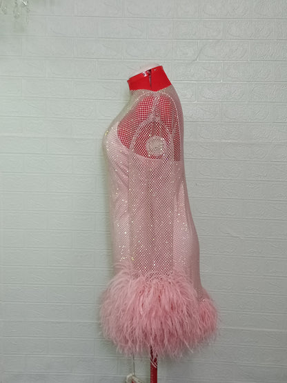 MARAYA Plus Size Pink Rhinestone Mesh Long Sleeve Bottom Mini Feather Dress