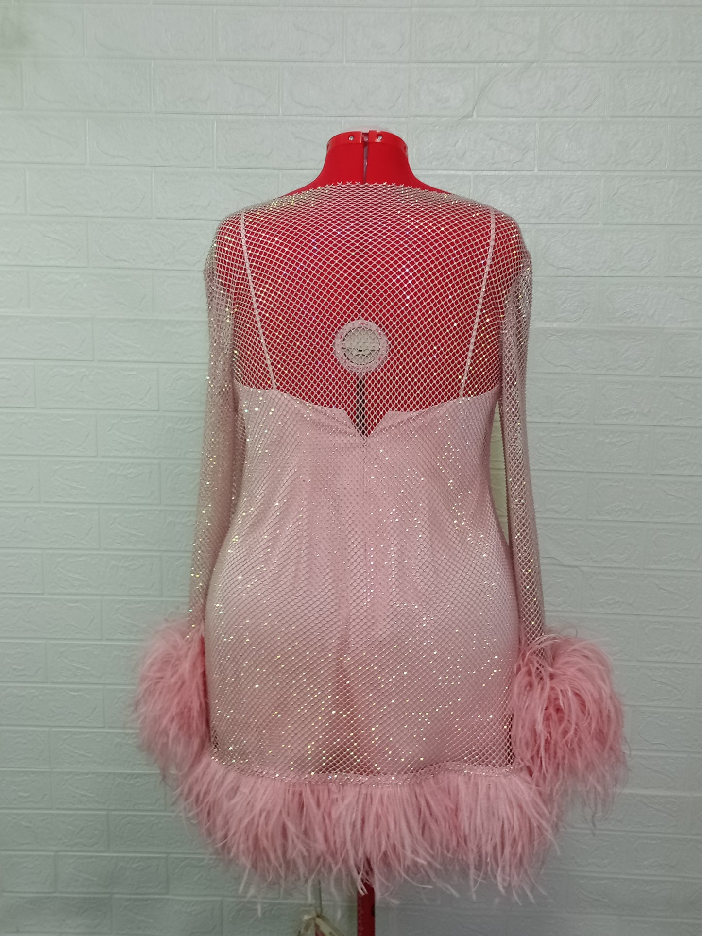 MARAYA Plus Size Pink Rhinestone Mesh Long Sleeve Bottom Mini Feather Dress