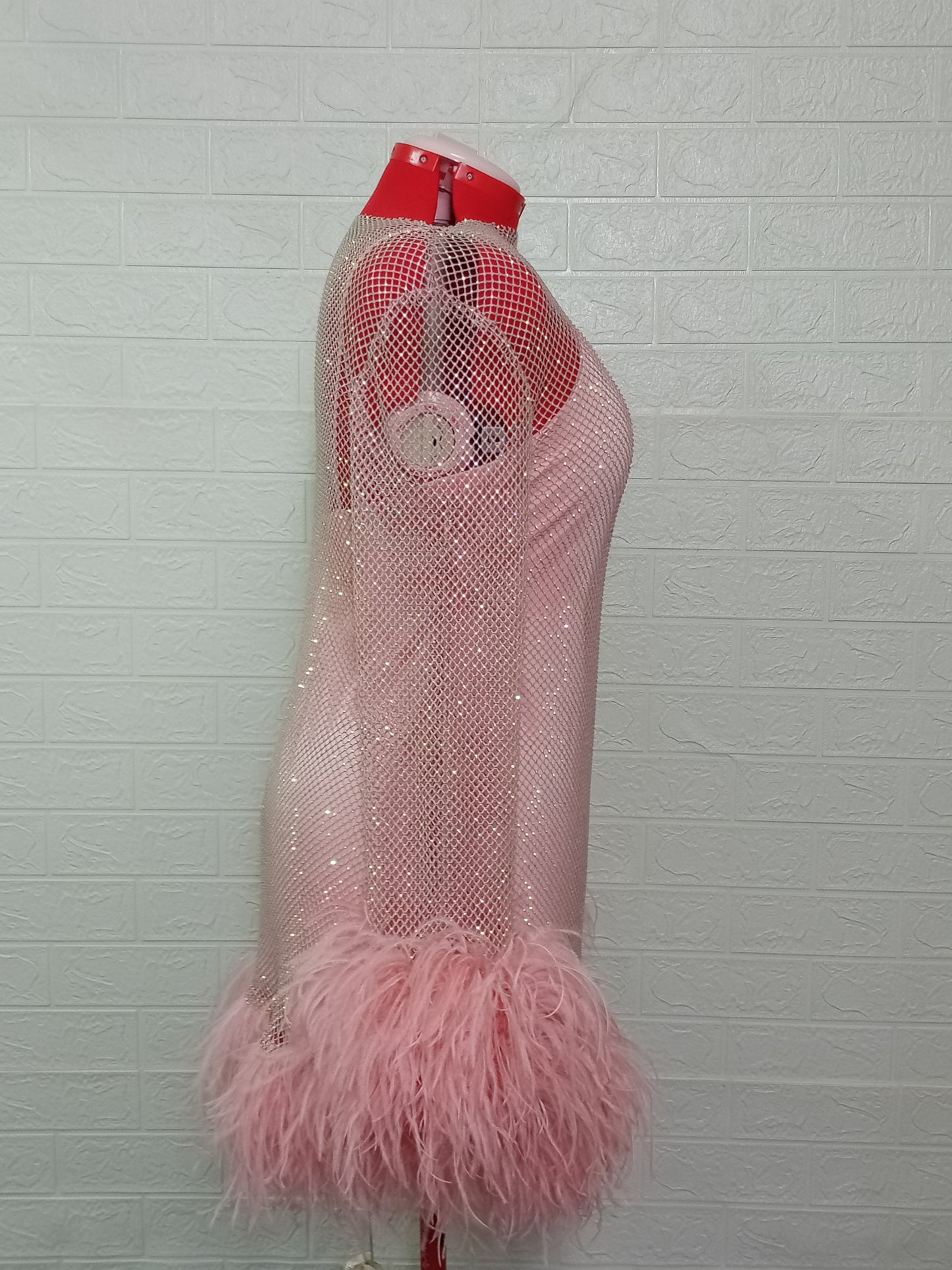 MARAYA Plus Size Pink Rhinestone Mesh Long Sleeve Bottom Mini Feather Dress