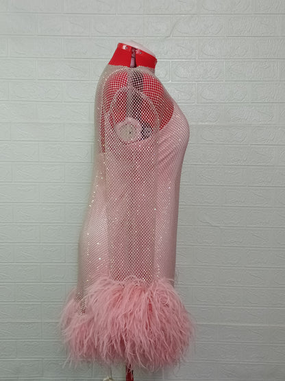 MARAYA Plus Size Pink Rhinestone Mesh Long Sleeve Bottom Mini Feather Dress