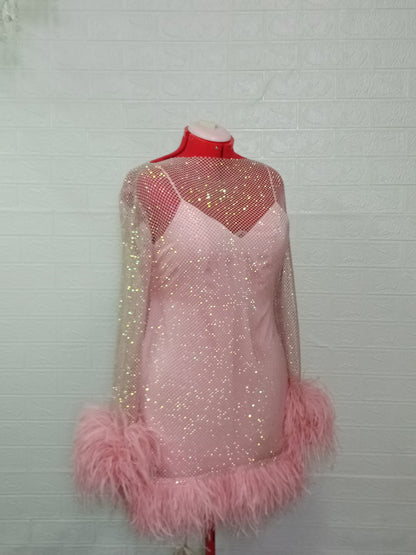 MARAYA Plus Size Pink Rhinestone Mesh Long Sleeve Bottom Mini Feather Dress