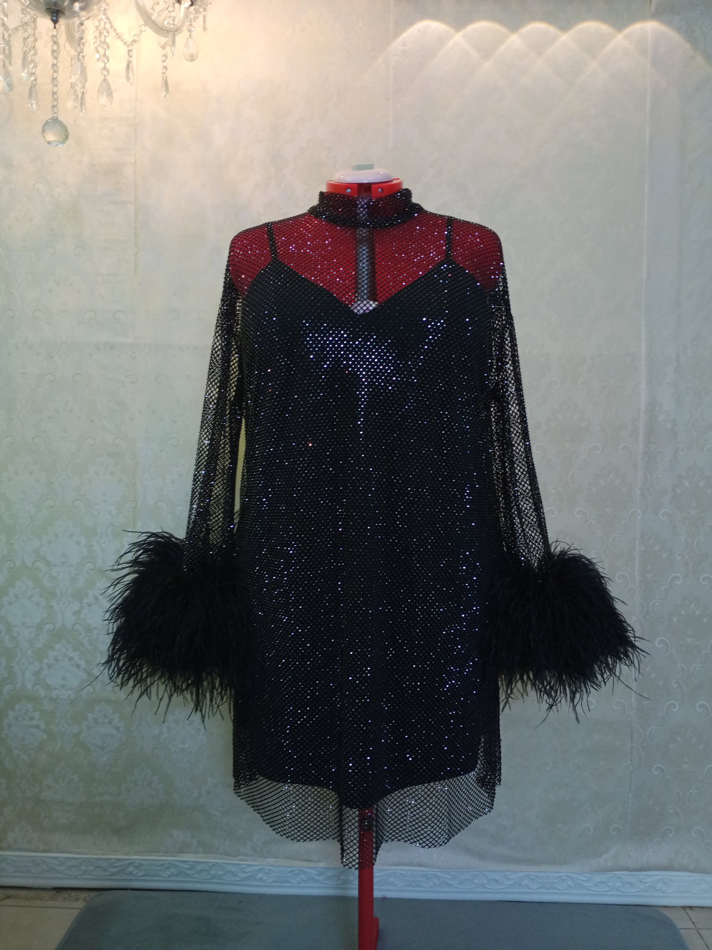 MARAYA Plus Size Black Rhinestone Mesh High Neck Long Sleeve Mini Feather Dress