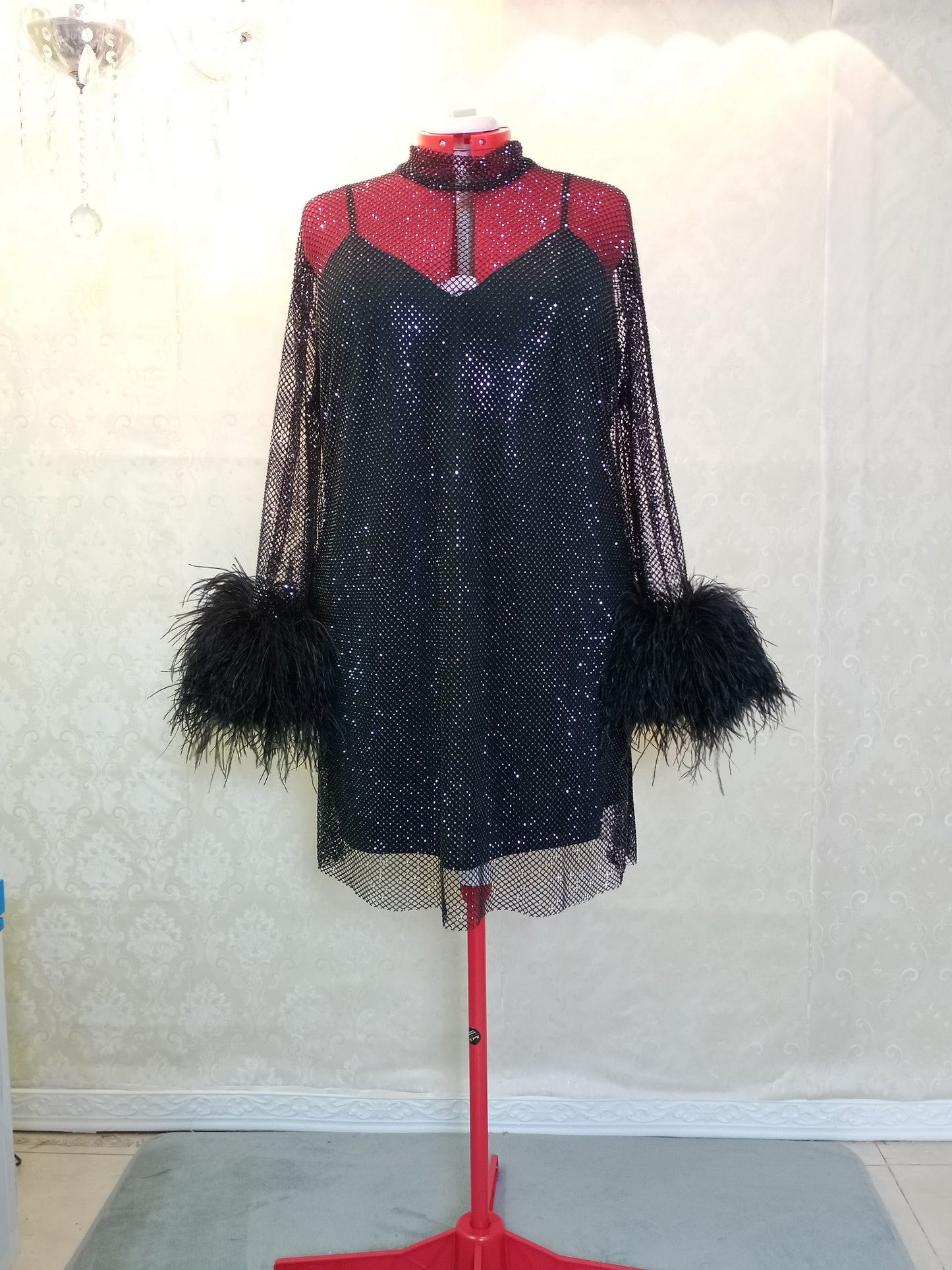MARAYA Plus Size Black Rhinestone Mesh High Neck Long Sleeve Mini Feather Dress