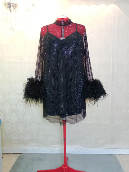 MARAYA Plus Size Black Rhinestone Mesh High Neck Long Sleeve Mini Feather Dress