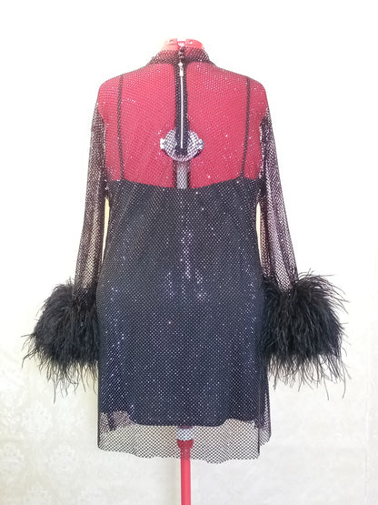 MARAYA Plus Size Black Rhinestone Mesh High Neck Long Sleeve Mini Feather Dress