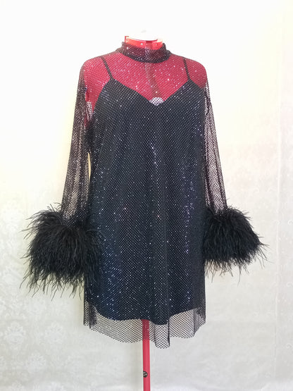 MARAYA Plus Size Black Rhinestone Mesh High Neck Long Sleeve Mini Feather Dress