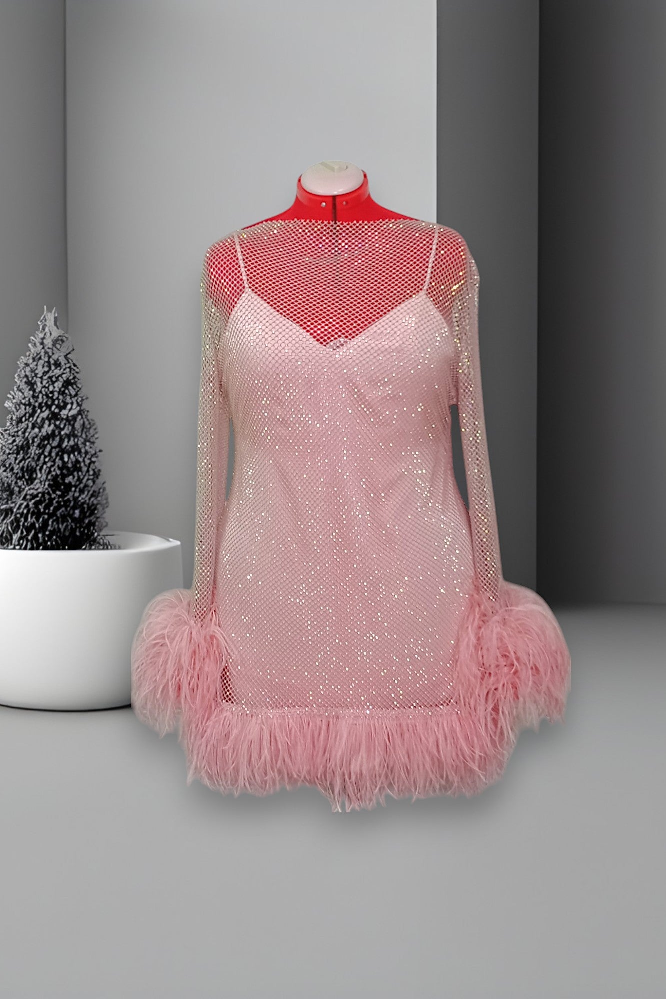 MARAYA Plus Size Pink Rhinestone Mesh Long Sleeve Bottom Mini Feather Dress