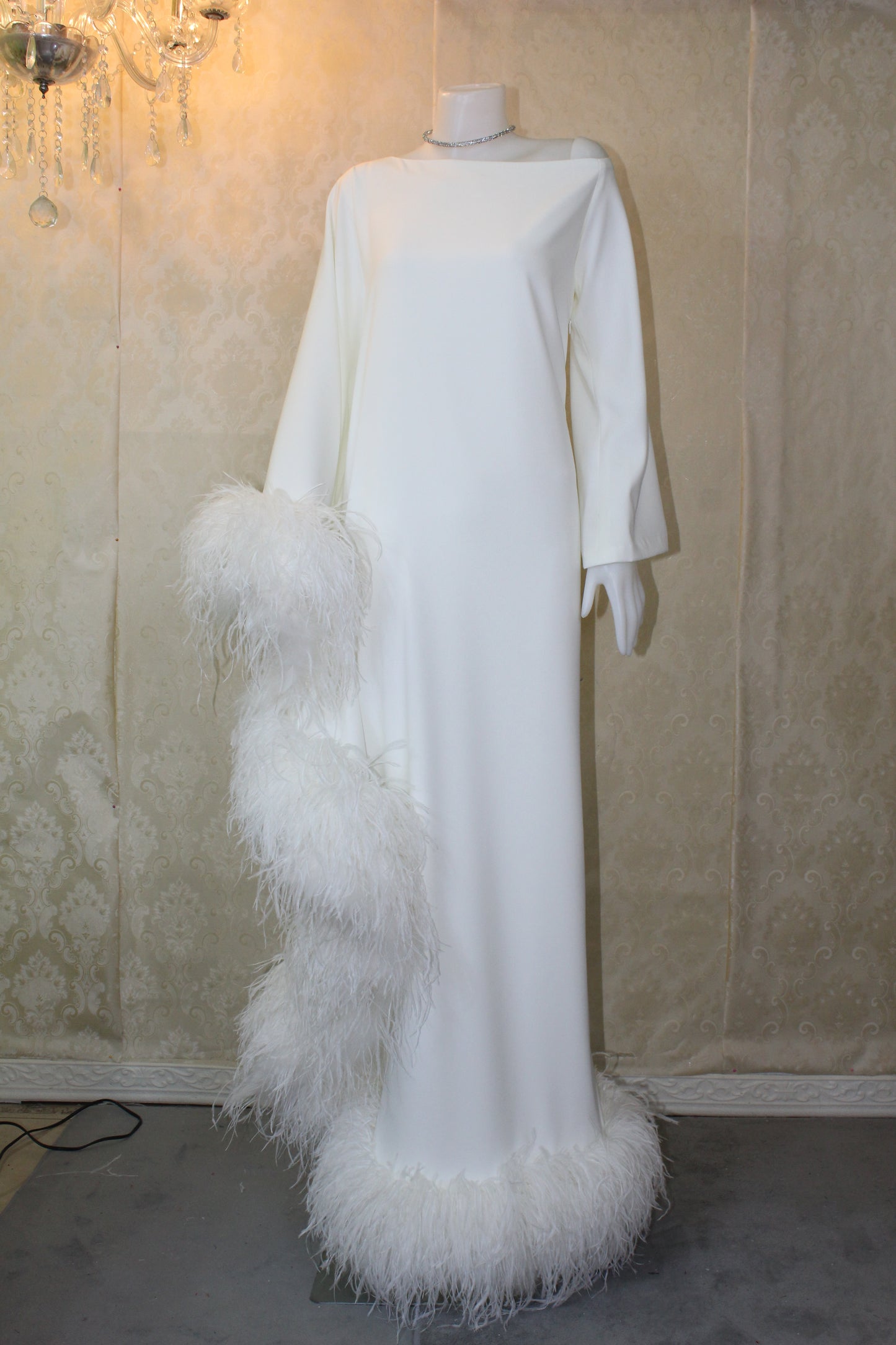MARAYA Ivory Asymmetrical boat neck maxi Feather dress
