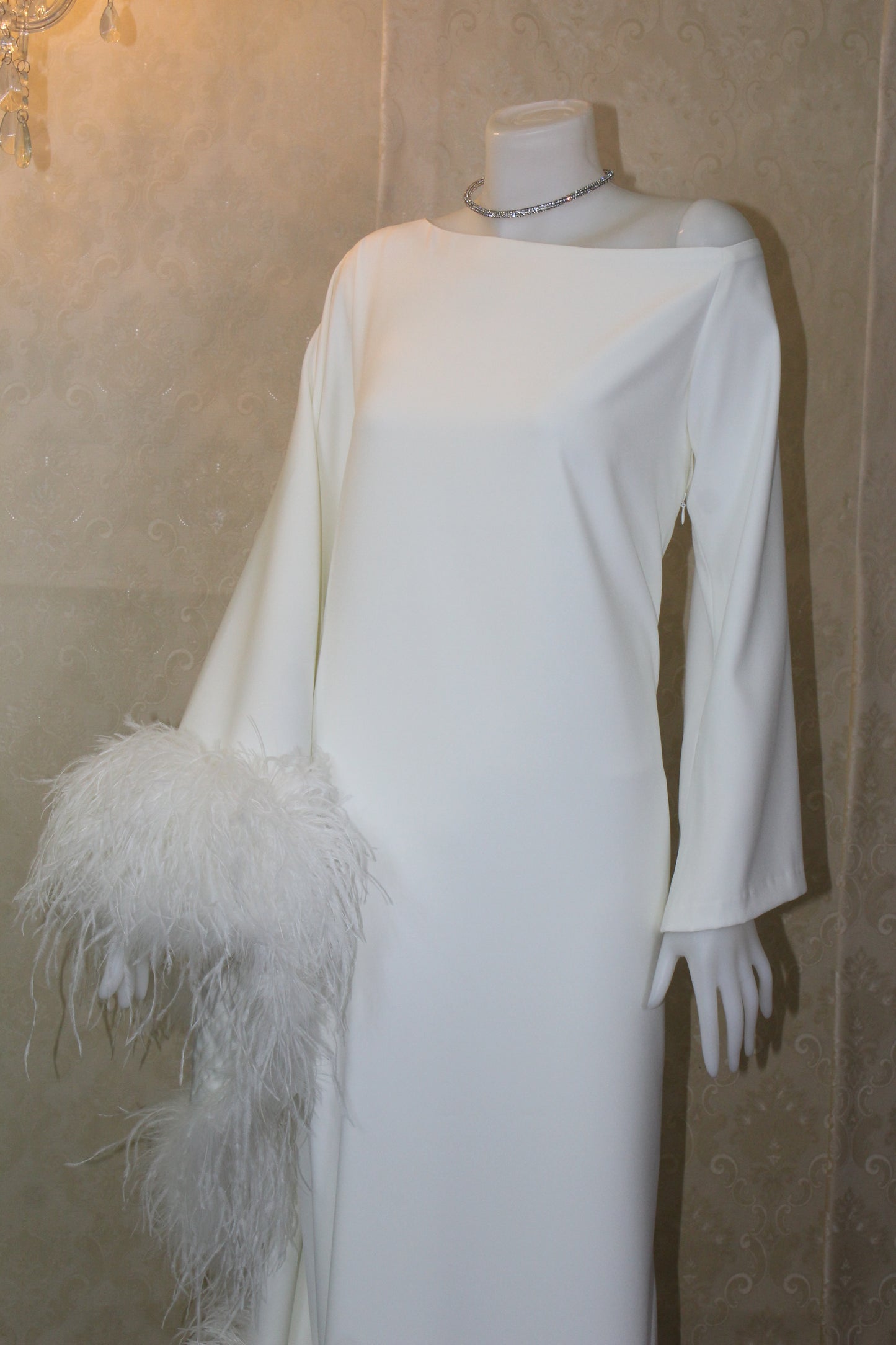 MARAYA Ivory Asymmetrical boat neck maxi Feather dress