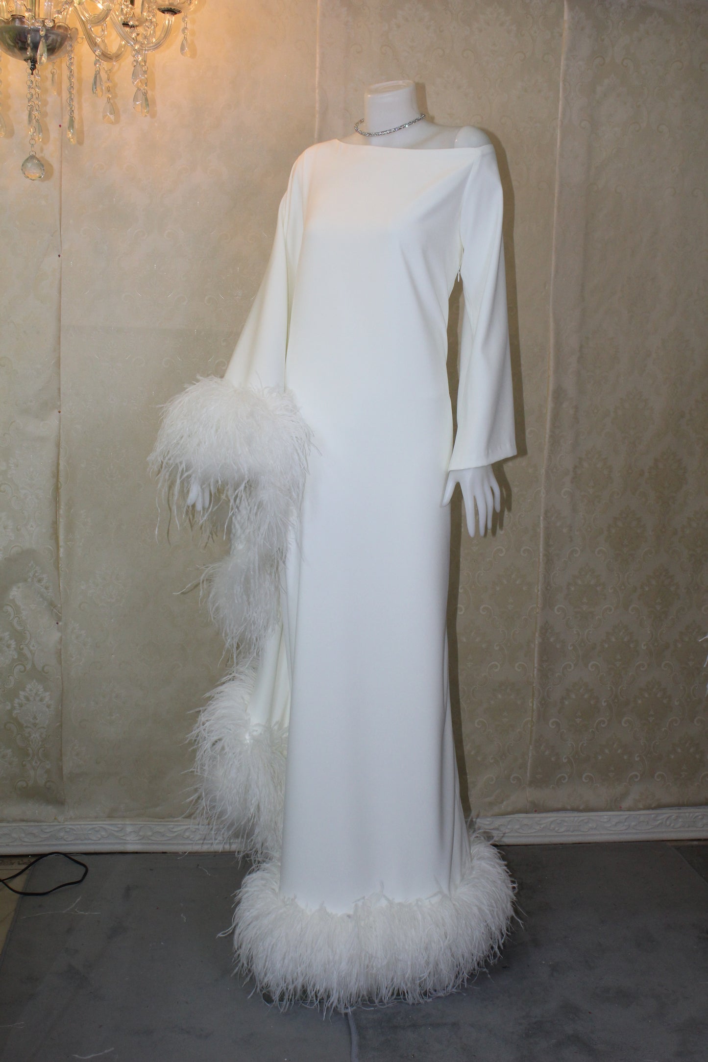 MARAYA Ivory Asymmetrical boat neck maxi Feather dress