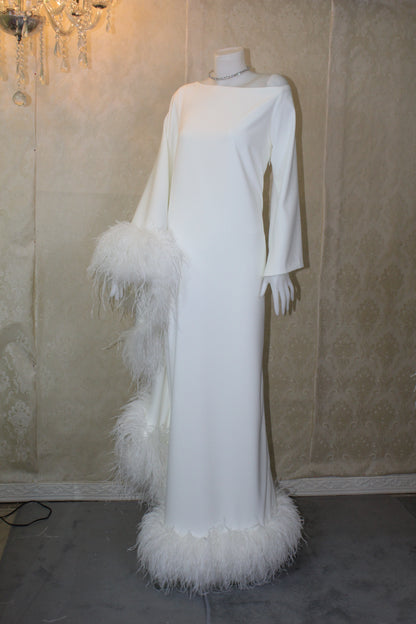 MARAYA Ivory Asymmetrical boat neck maxi Feather dress