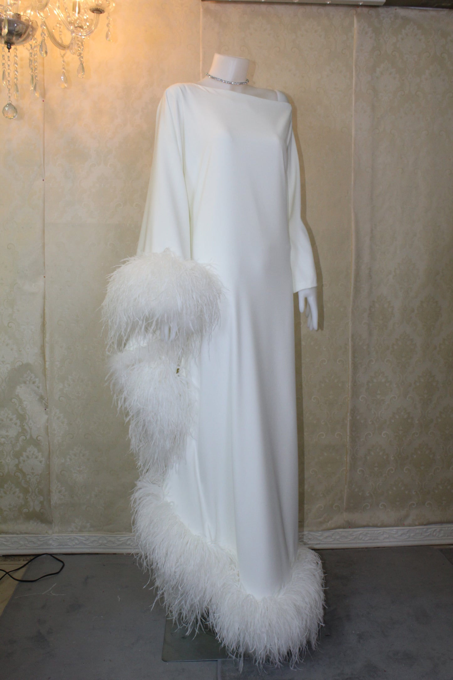 MARAYA Ivory Asymmetrical boat neck maxi Feather dress