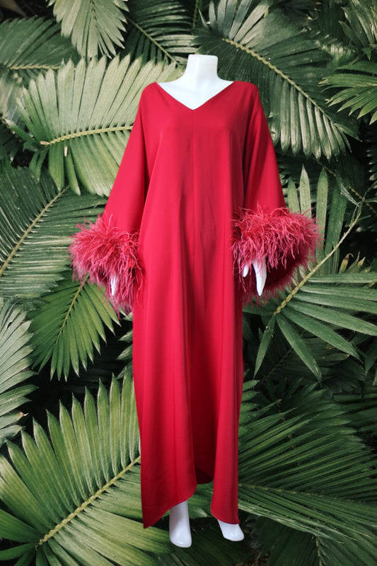 MARAYA Red Feather Kaftan Maxi dress