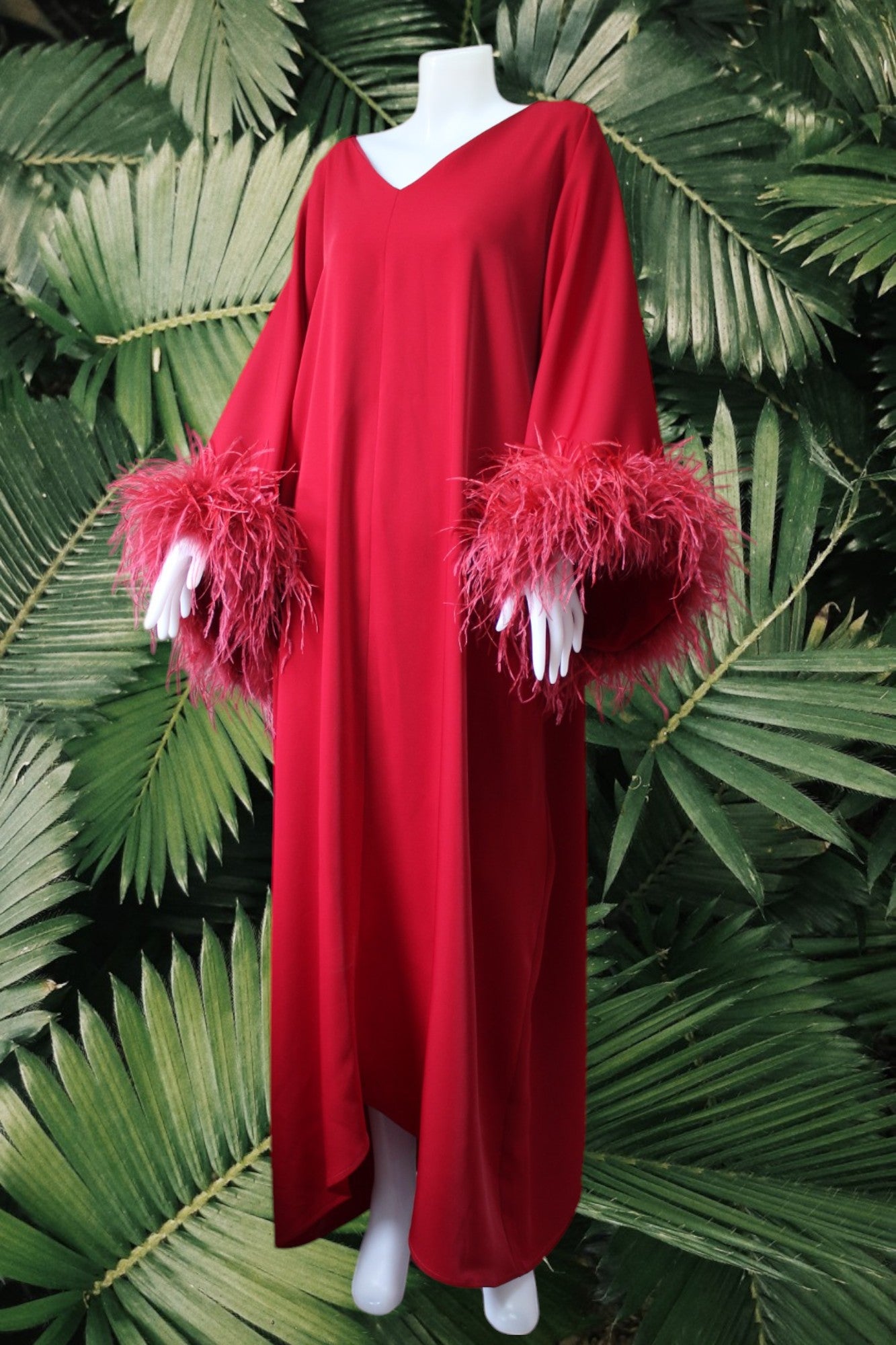 MARAYA Red Feather Kaftan Maxi dress