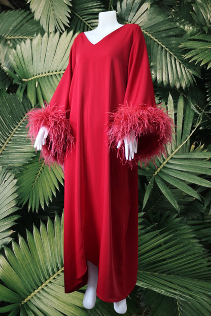 MARAYA Red Feather Kaftan Maxi dress