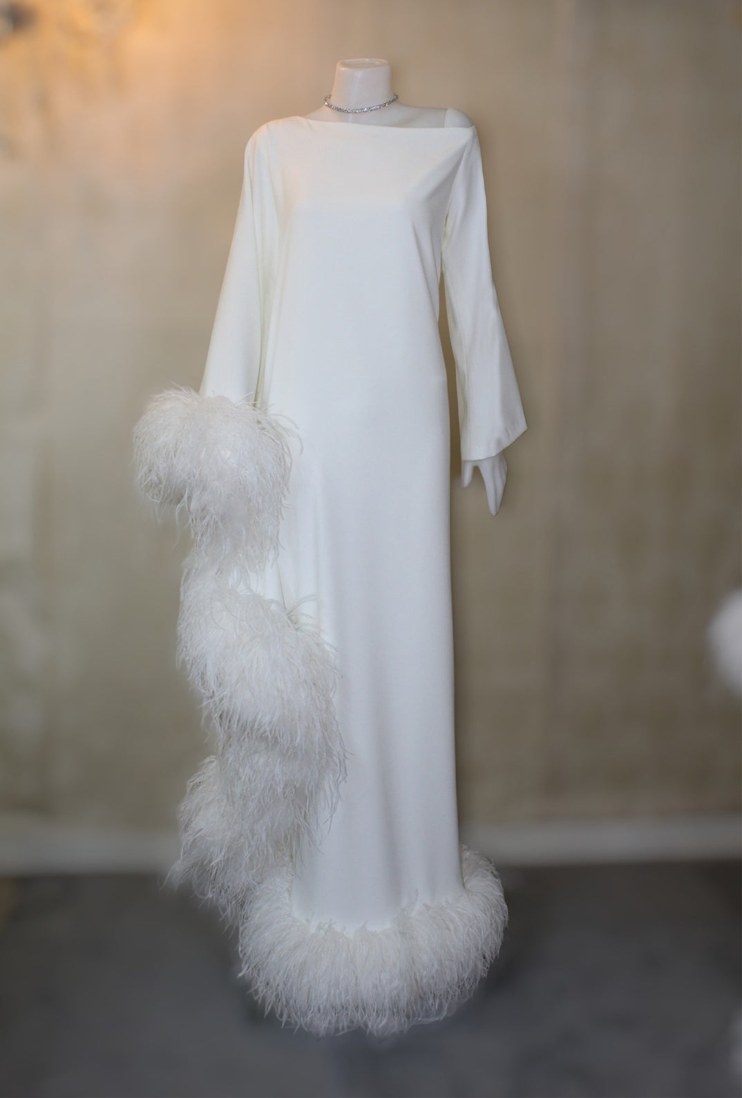 MARAYA Ivory Asymmetrical boat neck maxi Feather dress
