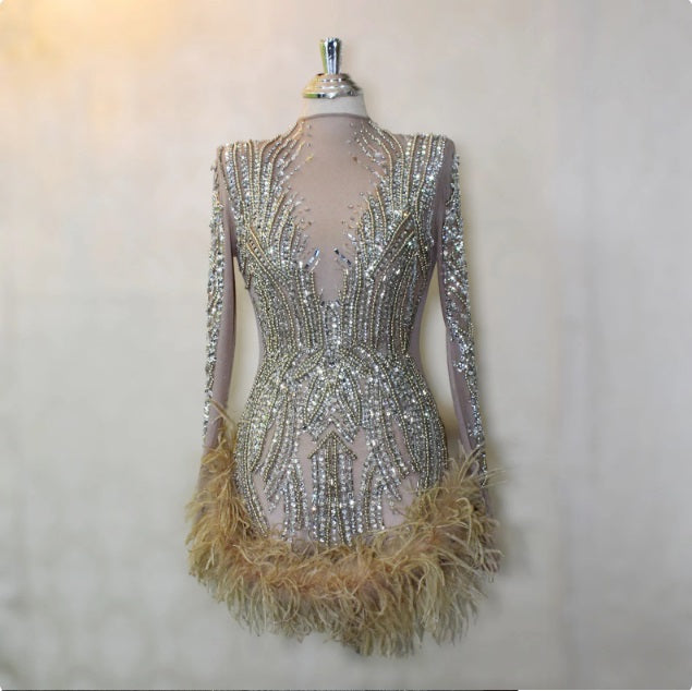 Luxury Beaded Crystal Feather Mini Dress