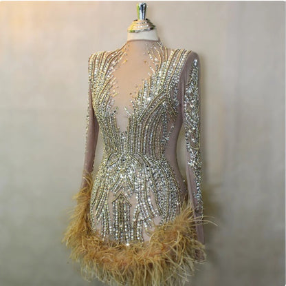 Luxury Beaded Crystal Feather Mini Dress