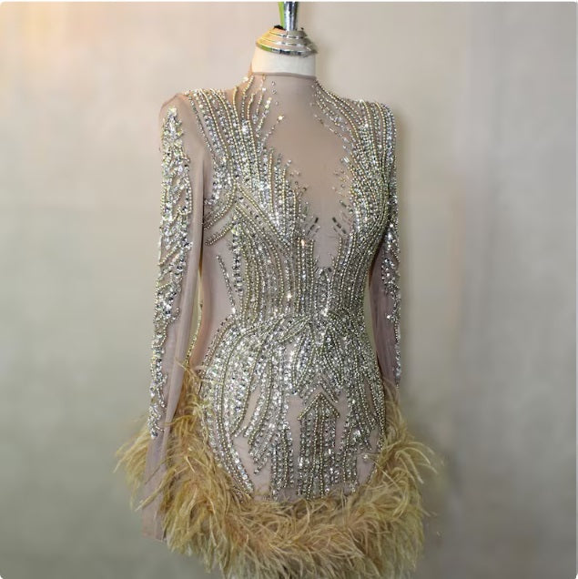 Luxury Beaded Crystal Feather Mini Dress